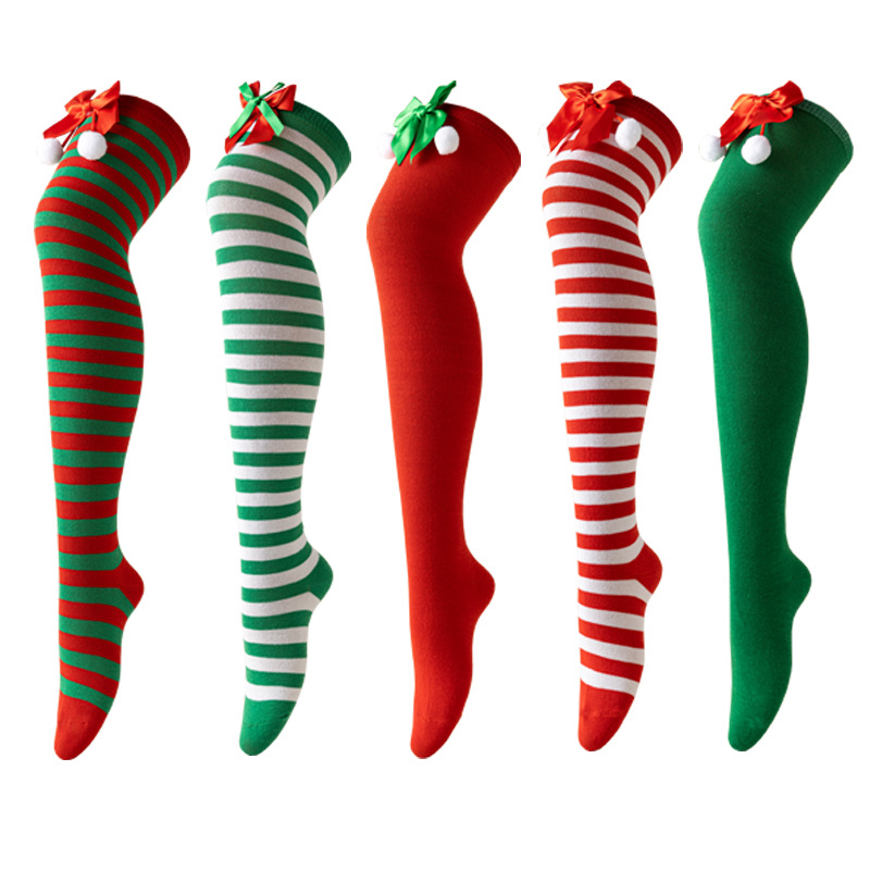 Christmas Socks Women - Overknee Socks - Christmas Knee Socks - Striped Socks - Elf Costume - Santa Claus - Stockings with Bow - Thigh High Stockings - Fancy Dress - Christmas Outfit - Holidays - Long Socks - Christmas Accessories - Multicolor - 5 Pairs - Image 5
