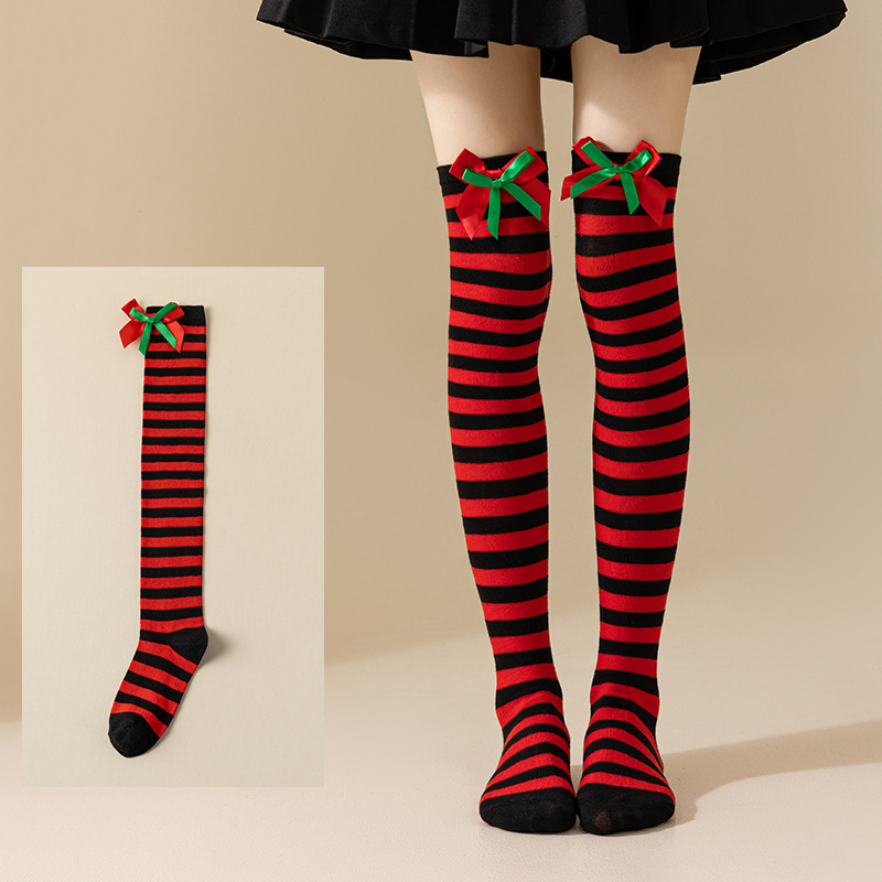 Christmas Socks Women - Overknee Socks - Christmas Knee Socks - Striped Socks - Elf Costume - Santa Claus - Stockings with Bow - Thigh High Stockings - Fancy Dress - Christmas Outfit - Holidays - Long Socks - Christmas Accessories - Multicolor - 5 Pairs - Image 6
