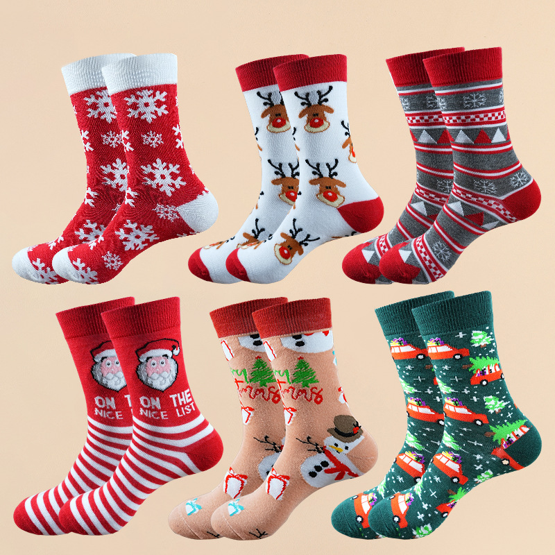 Christmas Socks - Ugly Christmas Socks - Funny Socks - Santa Claus - Reindeer - Snowman - Snowflake - Printed Socks - Christmas Gift - Women's Socks - Men's Socks - Cotton - Winter Socks - Christmas Clothing - Multicolor - 6 Pairs - Image 1