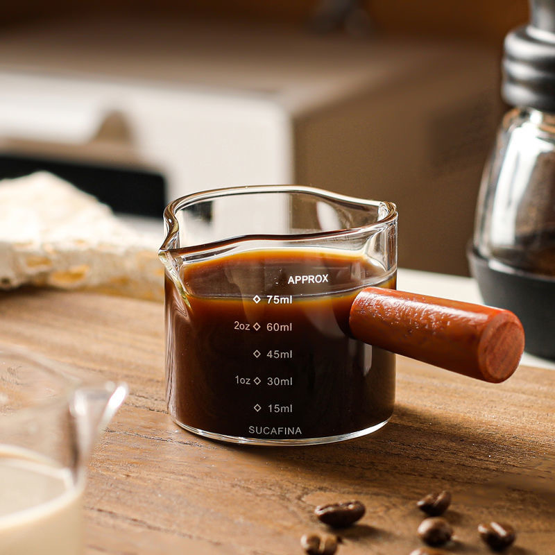 Espresso Measuring Cup - Shot Glass - Milk Jug - Coffee Accessories - Barista Tools - Measuring Cup Glass - Espresso Glasses - Sauce Jug - Measuring Glass - Mini Measuring Cup - Double Spout - Heat Resistant - Wooden Handle - Transparent - 2 Pieces - Image 1