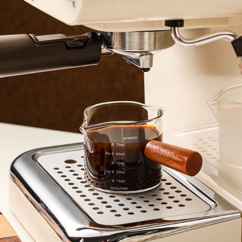 Espresso Measuring Cup - Shot Glass - Milk Jug - Coffee Accessories - Barista Tools - Measuring Cup Glass - Espresso Glasses - Sauce Jug - Measuring Glass - Mini Measuring Cup - Double Spout - Heat Resistant - Wooden Handle - Transparent - 2 Pieces - Image 3