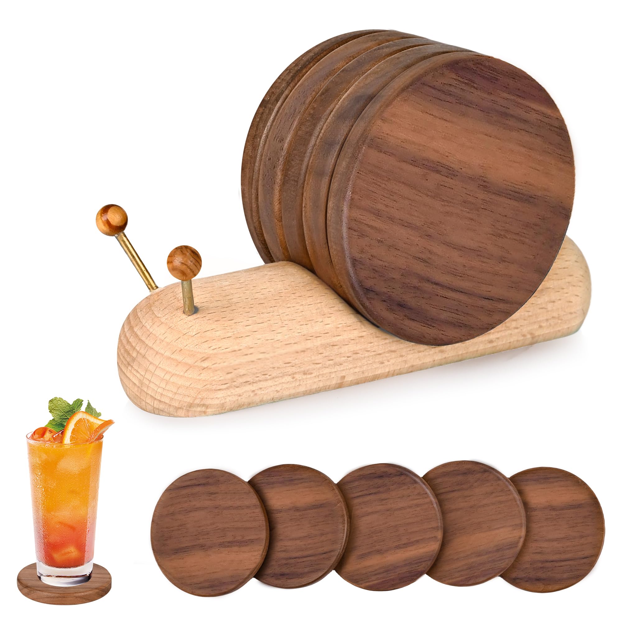 Wooden Coasters - Glass Coasters - Coasters - Coasters with Holder - Table Decoration - Snail - Home Accessories - Glass Coasters - Wooden Decoration - Kitchen Accessories - Design Coasters - Home Gift - Brown - 5 Pieces - Image 1