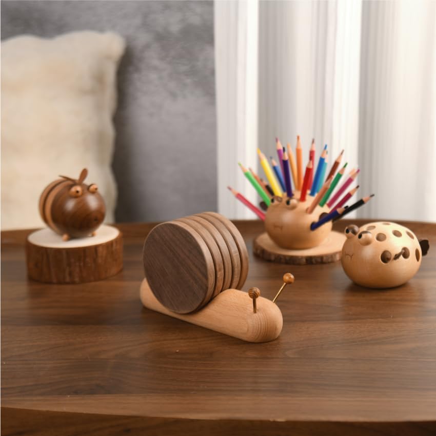 Wooden Coasters - Glass Coasters - Coasters - Coasters with Holder - Table Decoration - Snail - Home Accessories - Glass Coasters - Wooden Decoration - Kitchen Accessories - Design Coasters - Home Gift - Brown - 5 Pieces - Image 4