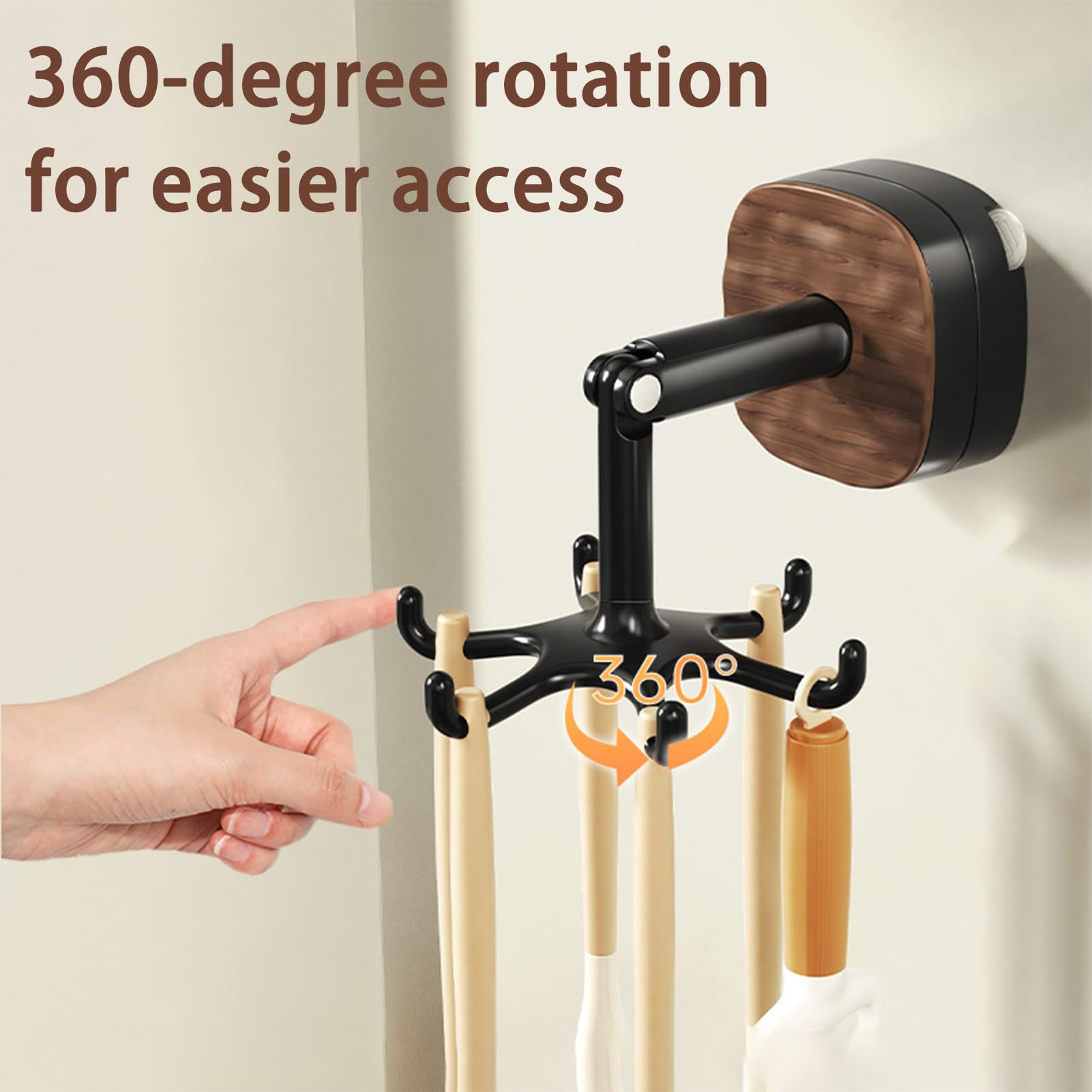 Rotating Kitchen Rack - Utensil Holder - Self-Adhesive Wall Hook - Kitchen Organizer - Rotating Hooks - Adhesive Hook No Drilling - Spatula Rack - Towel Hook - Mug Holder - Kitchen Cabinet Hanging System - Bathroom Hook - Black - 1 Piece - Image 7