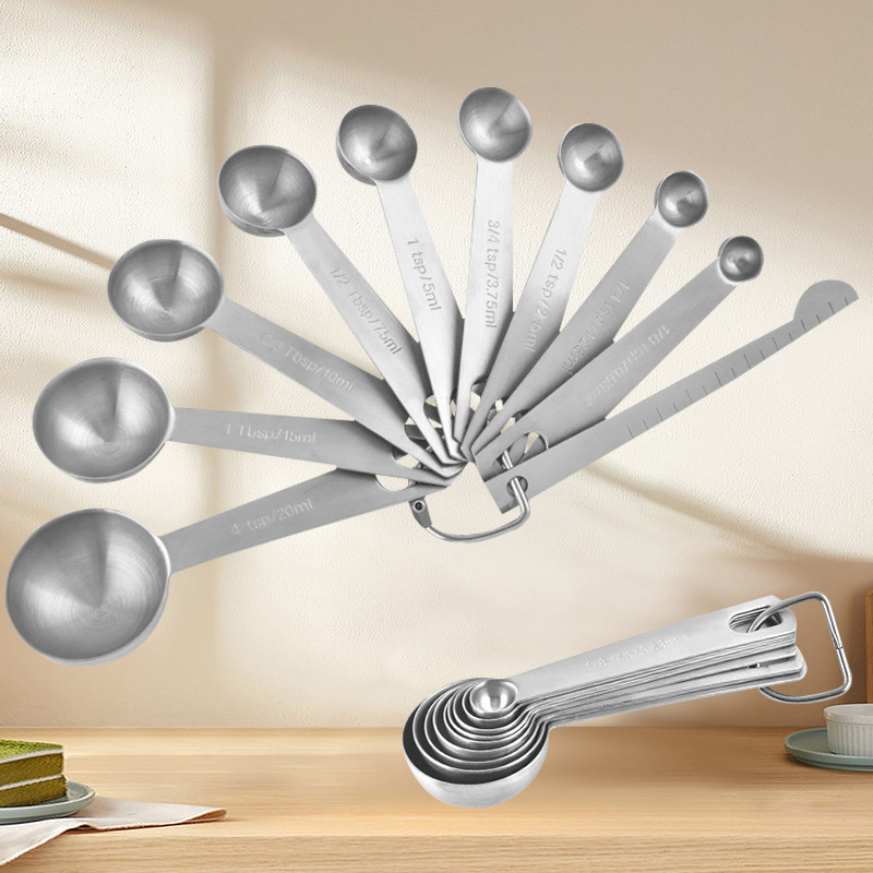 Stainless Steel Measuring Spoons - Measuring Scoop Set - Baking Tools - Kitchen Accessories - Tablespoon and Teaspoon Measure - Coffee Scoop - Stainless Steel - Cookware - Baking Supplies - Dishwasher Safe - Spice Scoops - Silver - 10 Pieces - Image 1
