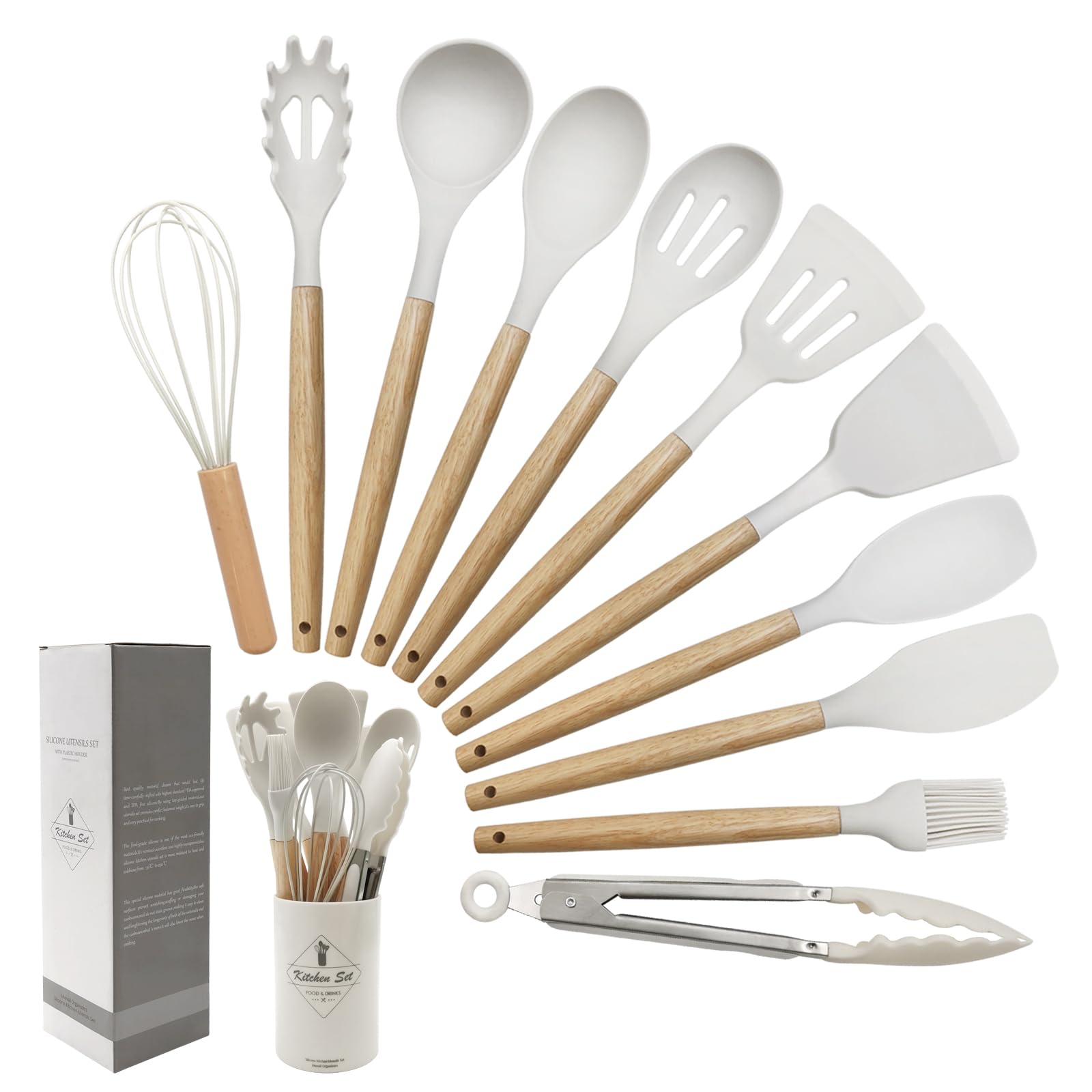 Kitchen Utensil Set - Silicone Spatula Set - Cooking Utensils with Holder - Wooden Spoons - Non-Stick - Pan Scrapers - Heat Resistant - Whisk - Serving Tongs - Baking Utensils - Kitchen Starter Kit - Scratch-Free - White - 12 Pieces - Image 1