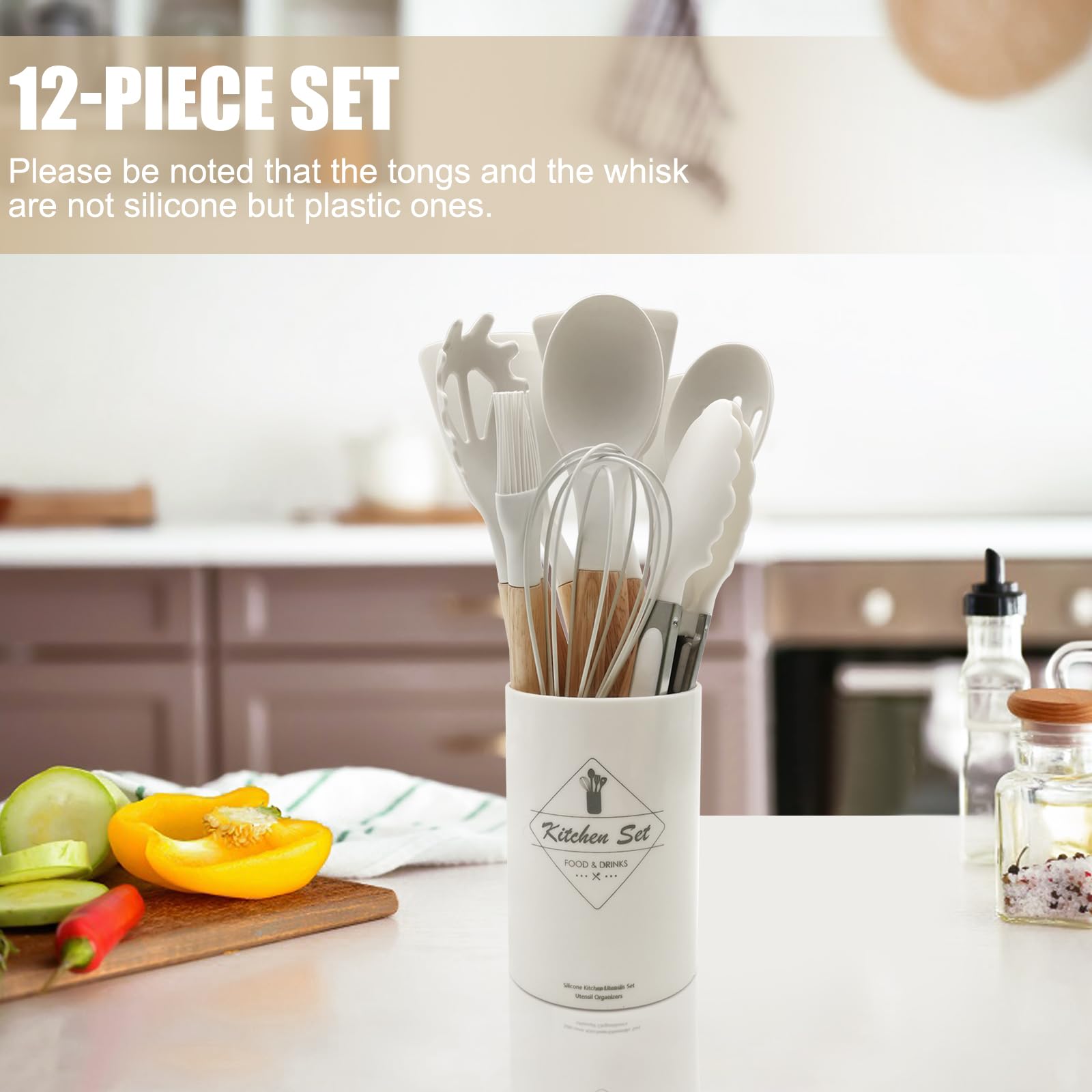 Kitchen Utensil Set - Silicone Spatula Set - Cooking Utensils with Holder - Wooden Spoons - Non-Stick - Pan Scrapers - Heat Resistant - Whisk - Serving Tongs - Baking Utensils - Kitchen Starter Kit - Scratch-Free - White - 12 Pieces - Image 3