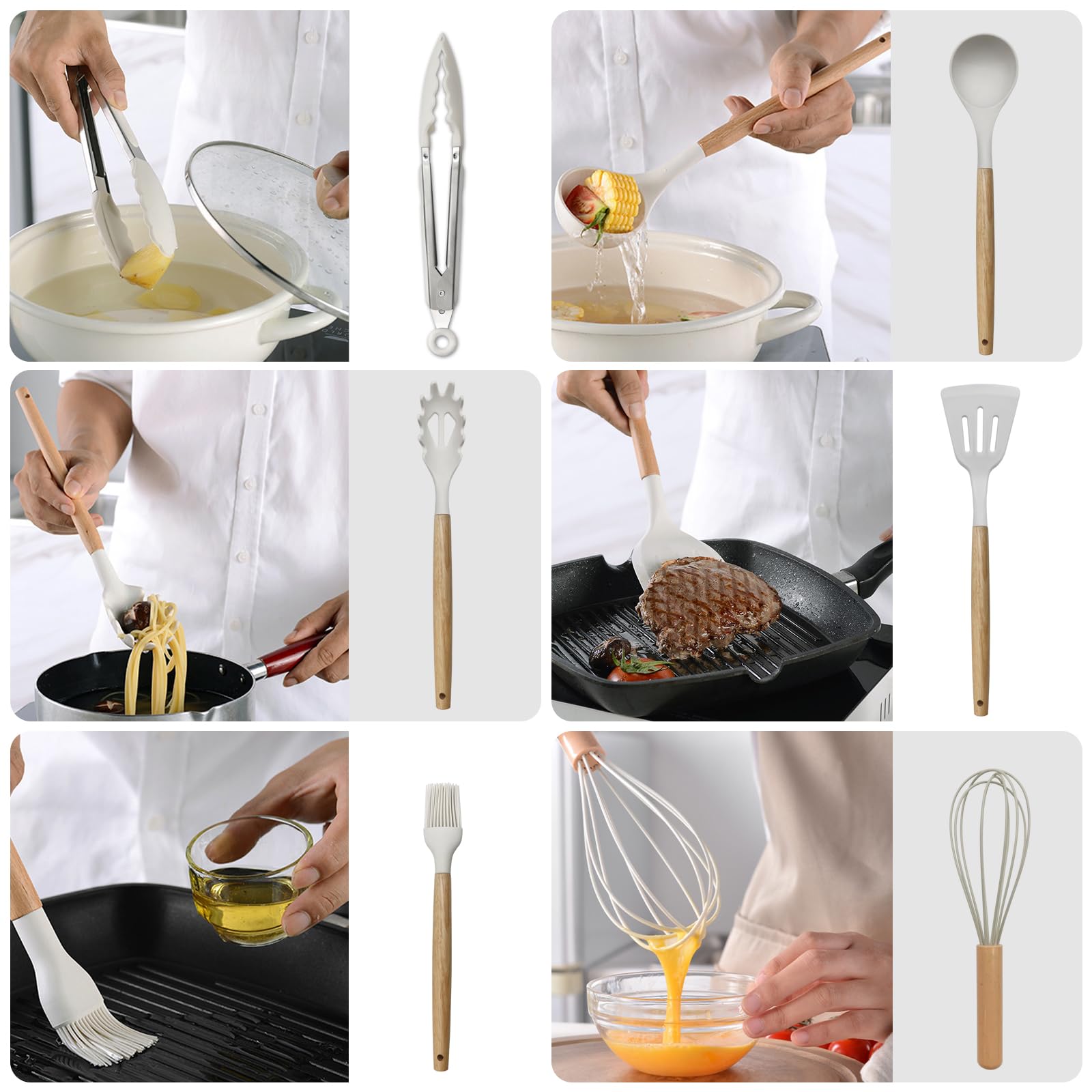 Kitchen Utensil Set - Silicone Spatula Set - Cooking Utensils with Holder - Wooden Spoons - Non-Stick - Pan Scrapers - Heat Resistant - Whisk - Serving Tongs - Baking Utensils - Kitchen Starter Kit - Scratch-Free - White - 12 Pieces - Image 6