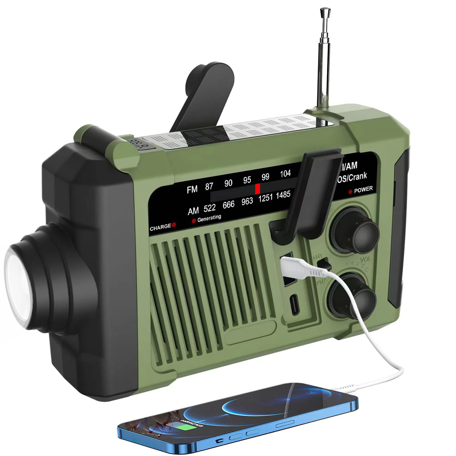 Wind-up Radio - Solar Radio - World Receiver - Portable Radio - Flashlight with Dynamo - Powerbank Function - Camping Radio - Outdoor Gadgets - Rechargeable Flashlight - USB Charger - FM AM Receiver - Hiking - Green - 1 Piece - Image 1