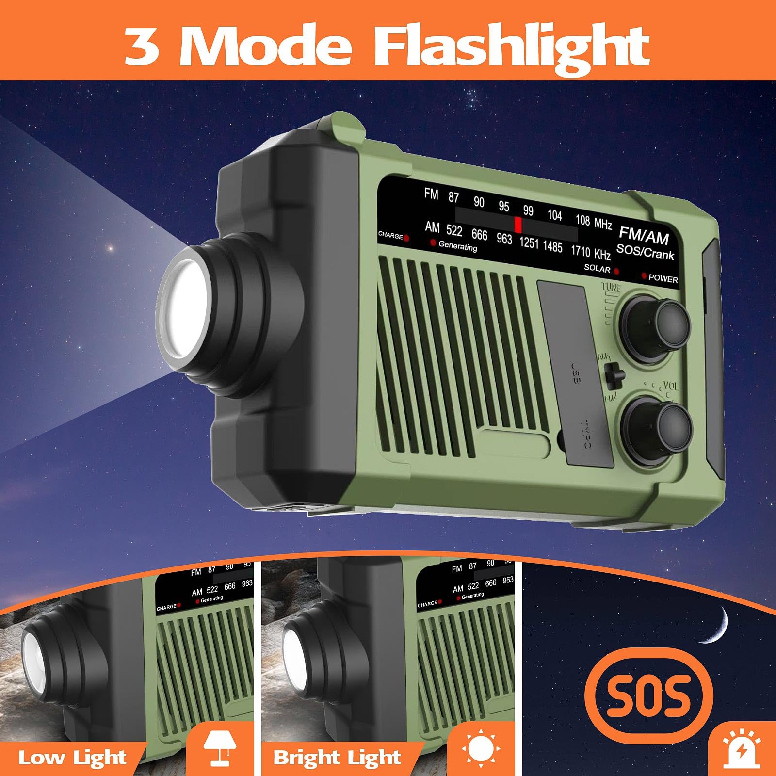 Wind-up Radio - Solar Radio - World Receiver - Portable Radio - Flashlight with Dynamo - Powerbank Function - Camping Radio - Outdoor Gadgets - Rechargeable Flashlight - USB Charger - FM AM Receiver - Hiking - Green - 1 Piece - Image 4