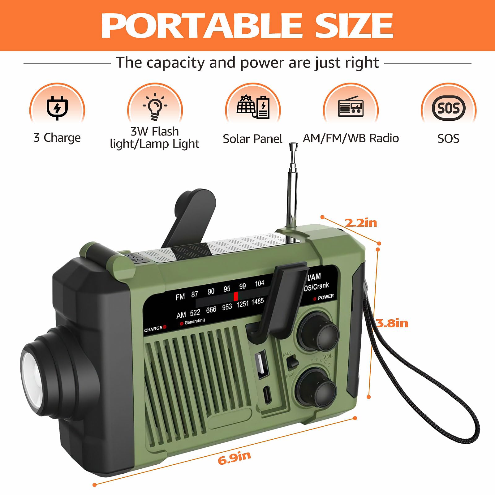 Wind-up Radio - Solar Radio - World Receiver - Portable Radio - Flashlight with Dynamo - Powerbank Function - Camping Radio - Outdoor Gadgets - Rechargeable Flashlight - USB Charger - FM AM Receiver - Hiking - Green - 1 Piece - Image 6