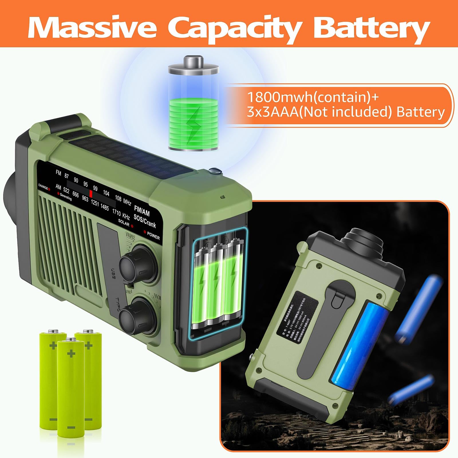 Wind-up Radio - Solar Radio - World Receiver - Portable Radio - Flashlight with Dynamo - Powerbank Function - Camping Radio - Outdoor Gadgets - Rechargeable Flashlight - USB Charger - FM AM Receiver - Hiking - Green - 1 Piece - Image 7