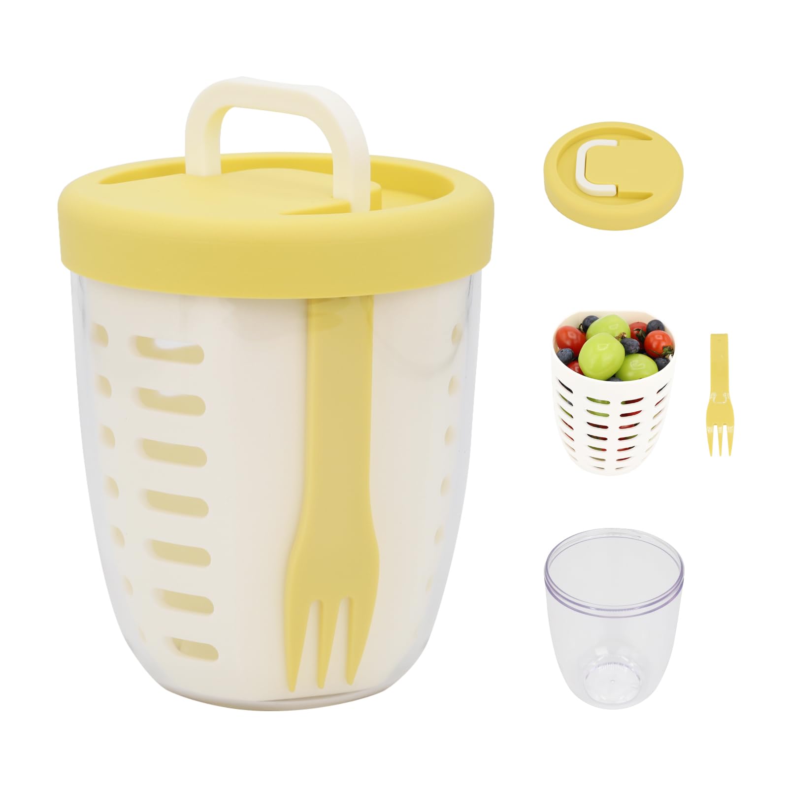 Fruit bowl to go - Lunch cup with fork - Yogurt cup - Salad cup - Storage container with colander - Snack box - School cup - Fruit pot - Take-away cup - On the road - Picnic - Kitchen accessories - Yellow - 1 piece - Image 1