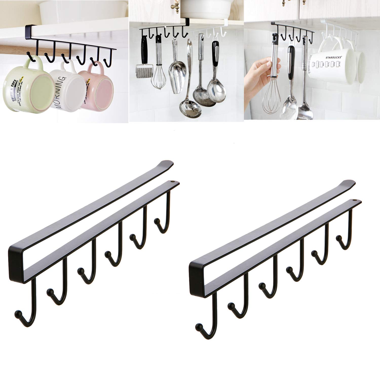 Mug Holder - Hanging Kitchen Rack - Kitchen Organizer - No Drilling Required - Utensil Holder - Cupboard Organizer - Cup Holder - Spatula Holder - Storage Rack - Wardrobe Accessories - Space Saving - Black - 2 Pieces - Image 1
