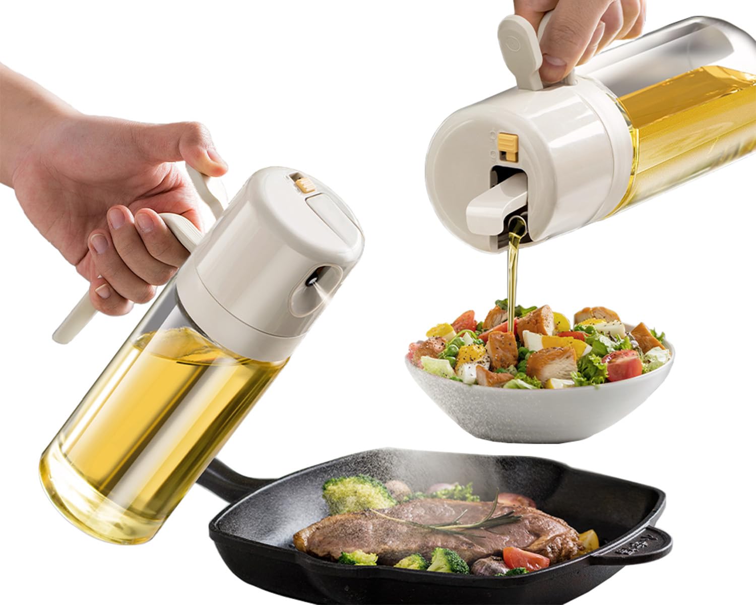 Oil Sprayer - Olive Oil Bottle - Oil Dispenser - 2 in 1 Spray and Pour - Oil Atomizer - Oil Can with Handle - Airfryer Accessories - Kitchen Gadget - Pouring Bottle - Vinegar Bottle - Dressing Shaker - Glass - Anti-Leak - White - 1 Piece - Image 1