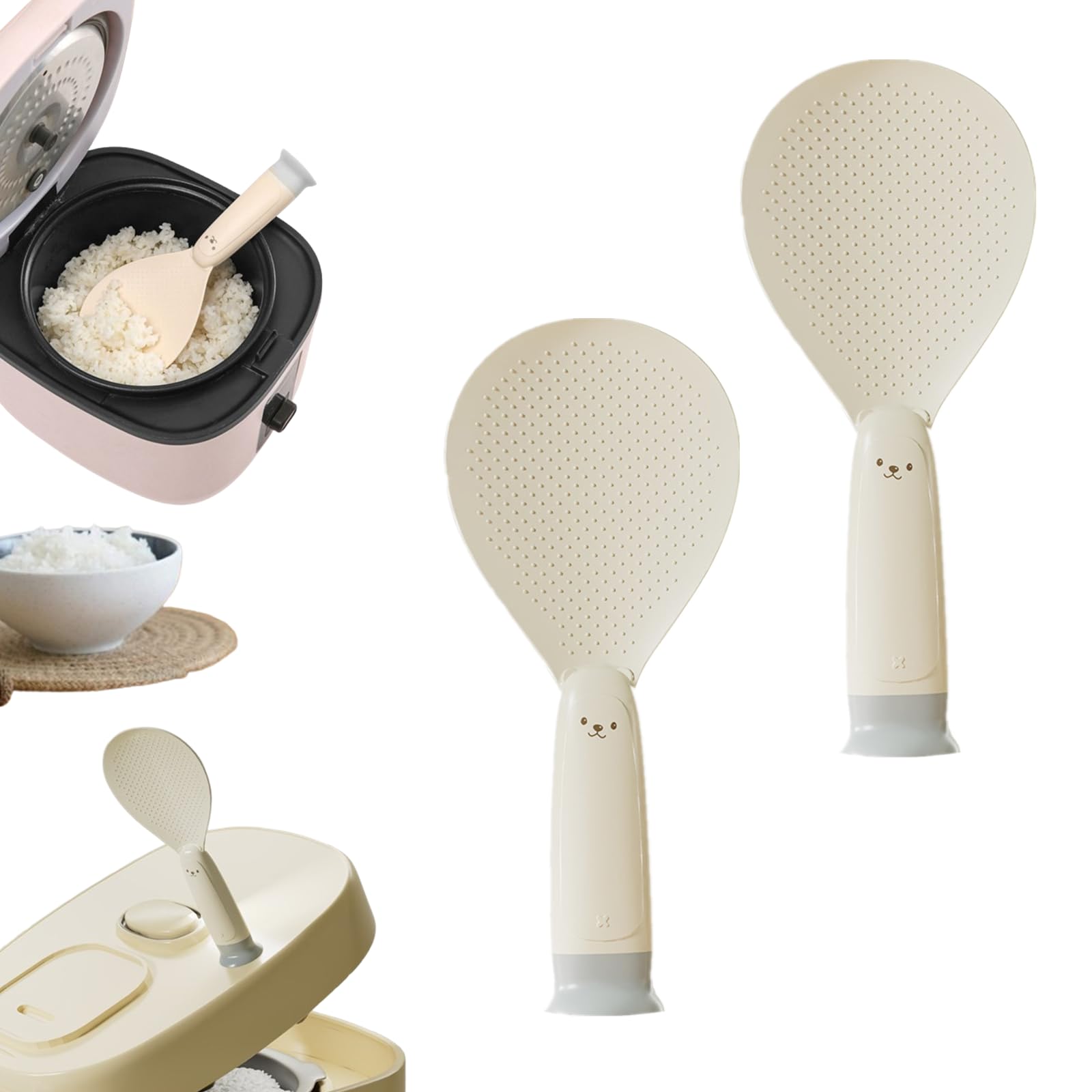 Rice Spoon - Standing Serving Spoon - Rice Scoop - Non-Stick - Rice Cooker Accessories - Potato Spoon - Kitchen Gadget - Sushi Making - Serving Cutlery - Heat Resistant - Dishwasher Safe - Kitchen Utensils - Beige - 2 Pieces - Image 1