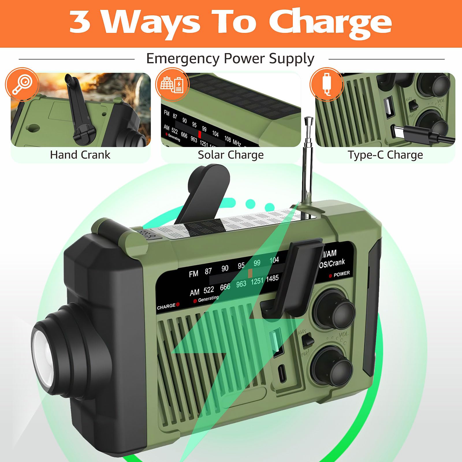 Wind-up Radio - Solar Radio - World Receiver - Portable Radio - Flashlight with Dynamo - Powerbank Function - Camping Radio - Outdoor Gadgets - Rechargeable Flashlight - USB Charger - FM AM Receiver - Hiking - Orange - 1 Piece - Image 3