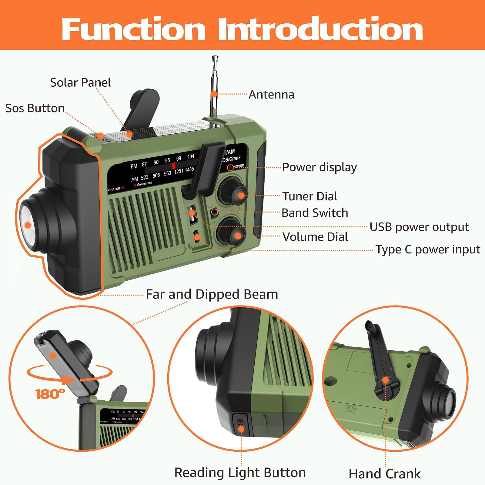 Wind-up Radio - Solar Radio - World Receiver - Portable Radio - Flashlight with Dynamo - Powerbank Function - Camping Radio - Outdoor Gadgets - Rechargeable Flashlight - USB Charger - FM AM Receiver - Hiking - Orange - 1 Piece - Image 8