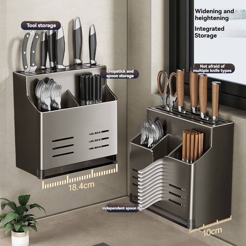 Knife Block Without Drilling - Cutlery Holder - Kitchen Organizer Countertop - Universal Knife Holder - Kitchen Utensil Holder - Spoon Holder - Wall Rack Kitchen - Cutlery Drainer - Cutlery Tray - Standing or Hanging - Storage System - Dark Gray - 1 Piece - Image 1