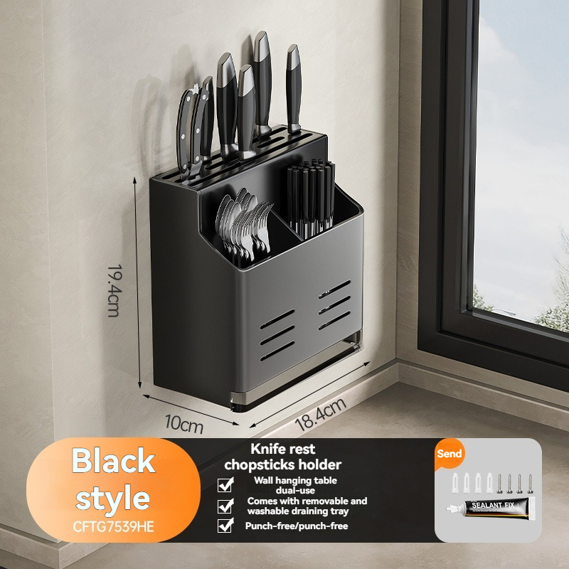 Knife Block Without Drilling - Cutlery Holder - Kitchen Organizer Countertop - Universal Knife Holder - Kitchen Utensil Holder - Spoon Holder - Wall Rack Kitchen - Cutlery Drainer - Cutlery Tray - Standing or Hanging - Storage System - Dark Gray - 1 Piece - Image 2