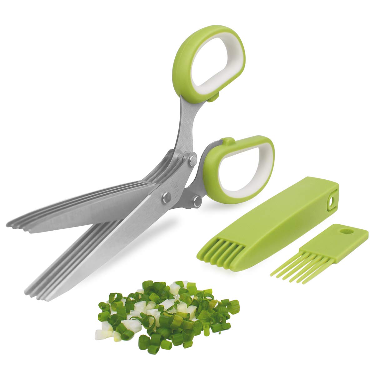 Herb Scissors Stainless Steel - Kitchen Scissors with 5 Blades - Vegetable Scissors - Chive Scissors - Herb Cutter - Kitchen Gadget - With Cleaning Comb and Protective Cover - Shredder - Kitchen Utensils - Parsley Cutter - Dishwasher Safe - Green - 1 Piec - Image 1