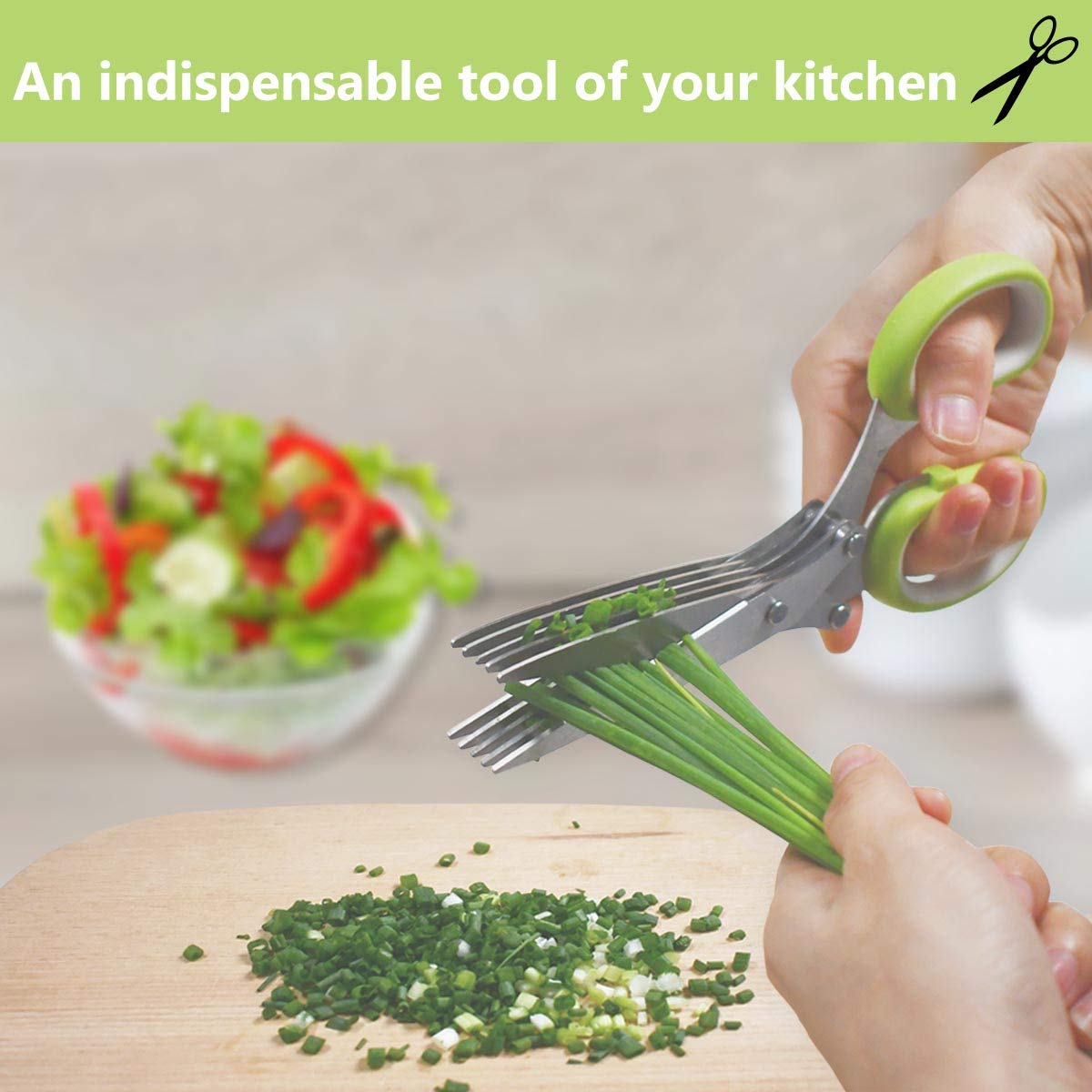 Herb Scissors Stainless Steel - Kitchen Scissors with 5 Blades - Vegetable Scissors - Chive Scissors - Herb Cutter - Kitchen Gadget - With Cleaning Comb and Protective Cover - Shredder - Kitchen Utensils - Parsley Cutter - Dishwasher Safe - Green - 1 Piec - Image 3