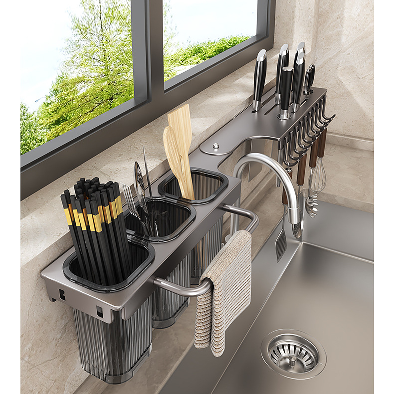 Corner Kitchen Rack - Knife Block Without Drilling - Cutlery Holder - Rotating Wall Rack - Kitchen Organizer - Utensil Holder - Hanging Hooks - Towel Rack - Spoon Holder - Spatula Holder - Countertop Storage - Multifunctional - Dark Gray - 1 Piece - Image 6