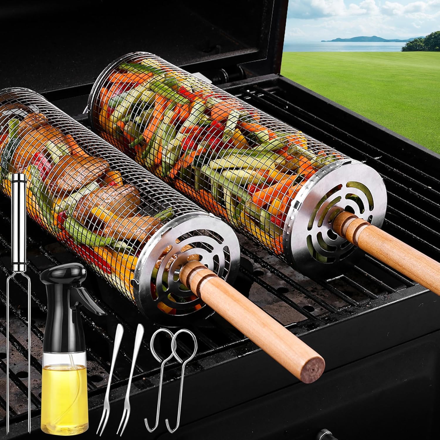 BBQ Grill Basket - Rotating Barbecue Basket - Stainless Steel Vegetable Basket - Fish Rack - Grill Basket - Barbecue Accessories - Cylinder Basket - BBQ Tool - With Oil Sprayer and Forks - Heat Resistant - Dishwasher Safe - Camping Cooking - Silver - 2 Pi - Image 1