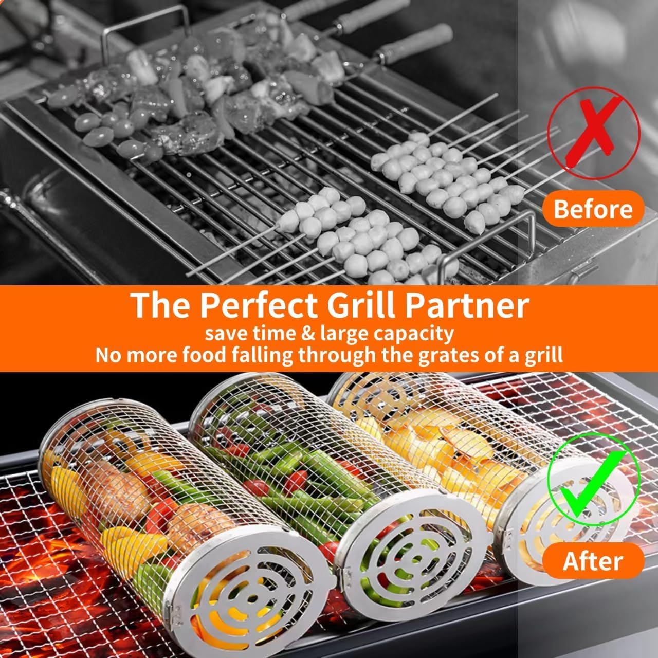 BBQ Grill Basket - Rotating Barbecue Basket - Stainless Steel Vegetable Basket - Fish Rack - Grill Basket - Barbecue Accessories - Cylinder Basket - BBQ Tool - With Oil Sprayer and Forks - Heat Resistant - Dishwasher Safe - Camping Cooking - Silver - 2 Pi - Image 2