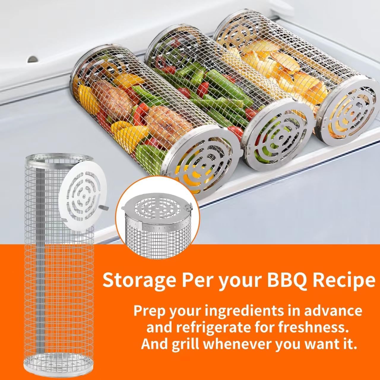 BBQ Grill Basket - Rotating Barbecue Basket - Stainless Steel Vegetable Basket - Fish Rack - Grill Basket - Barbecue Accessories - Cylinder Basket - BBQ Tool - With Oil Sprayer and Forks - Heat Resistant - Dishwasher Safe - Camping Cooking - Silver - 2 Pi - Image 3