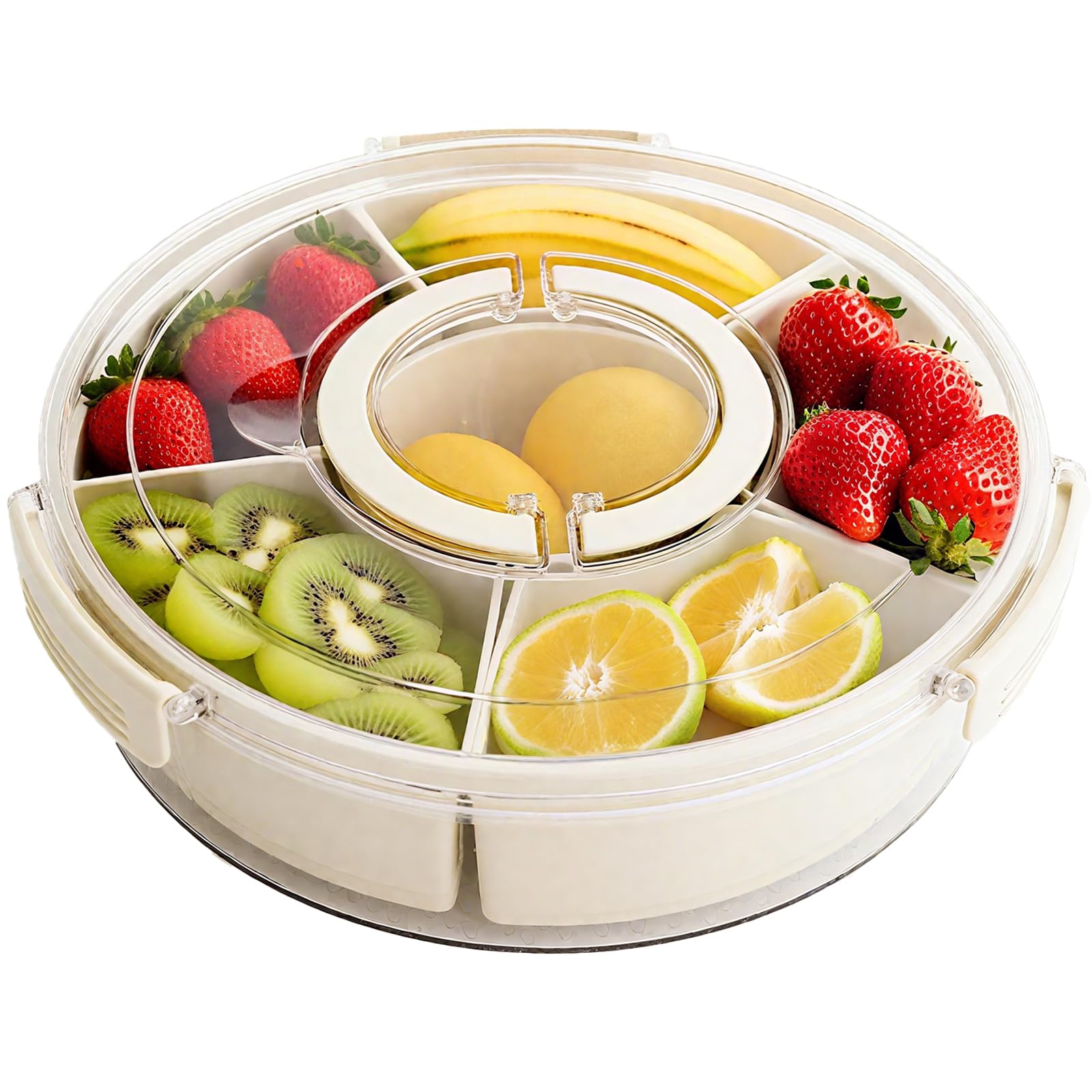 Rotating Fruit Platter—Airtight, Moisture-Proof Dried Fruit Platter—Portable Fruit Platter—Round Fruit Platter—Snack Box with Lid—Snack Box with Compartments—Fruit Platter—Snack Box—Rotating Snack Rack—Refrigerator-Safe—White—1 - Image 1