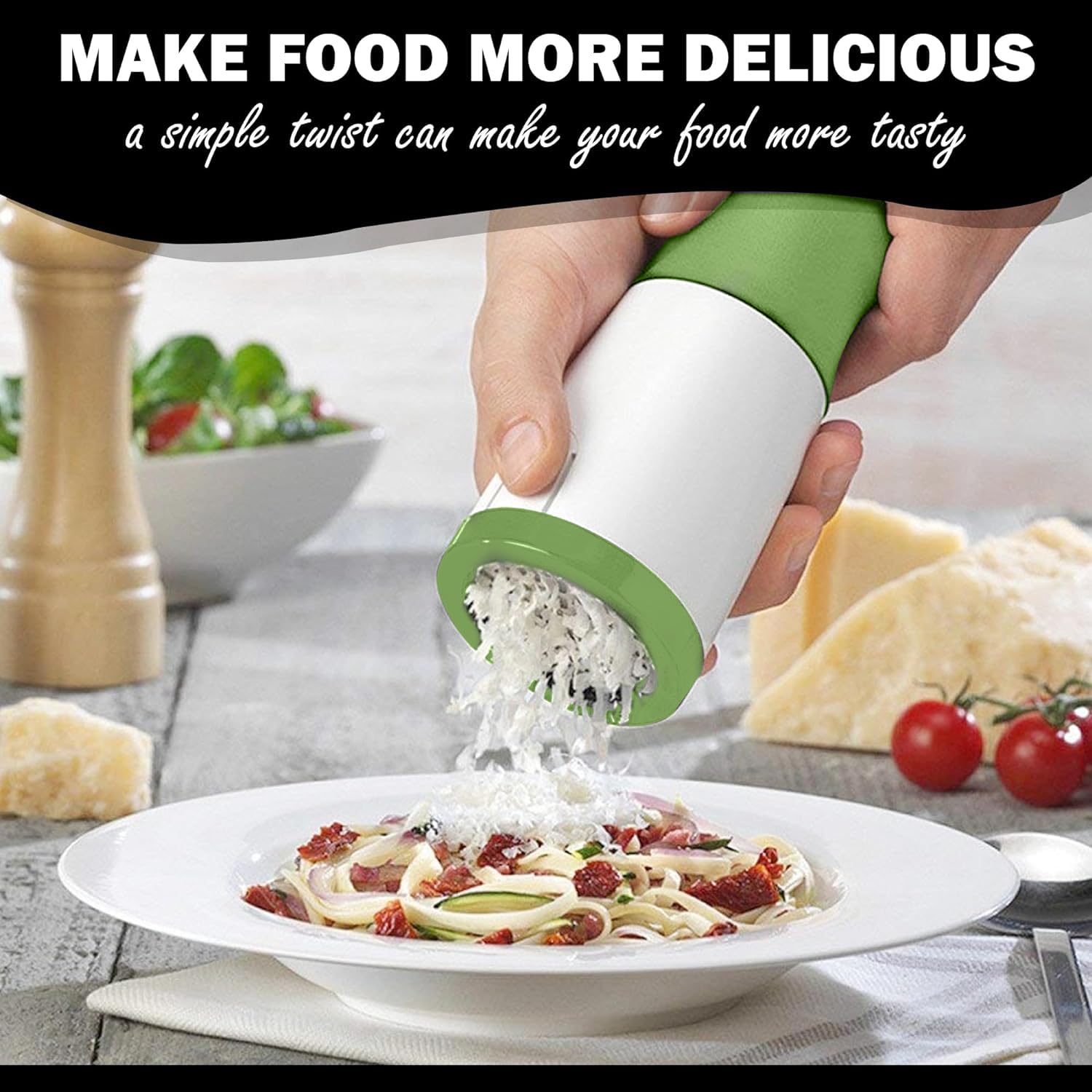 Cheese Mill - Cheese Grater - Parmesan Grater - Herb Mill - Manual Grater - Nut Grinder - Chocolate Grater - Kitchen Aid - Rotating Grater - Kitchen Utensils - Stainless Steel Blades - Hard Cheese Mill - Dishwasher Safe - White and Green - 1 Piece - Image 2