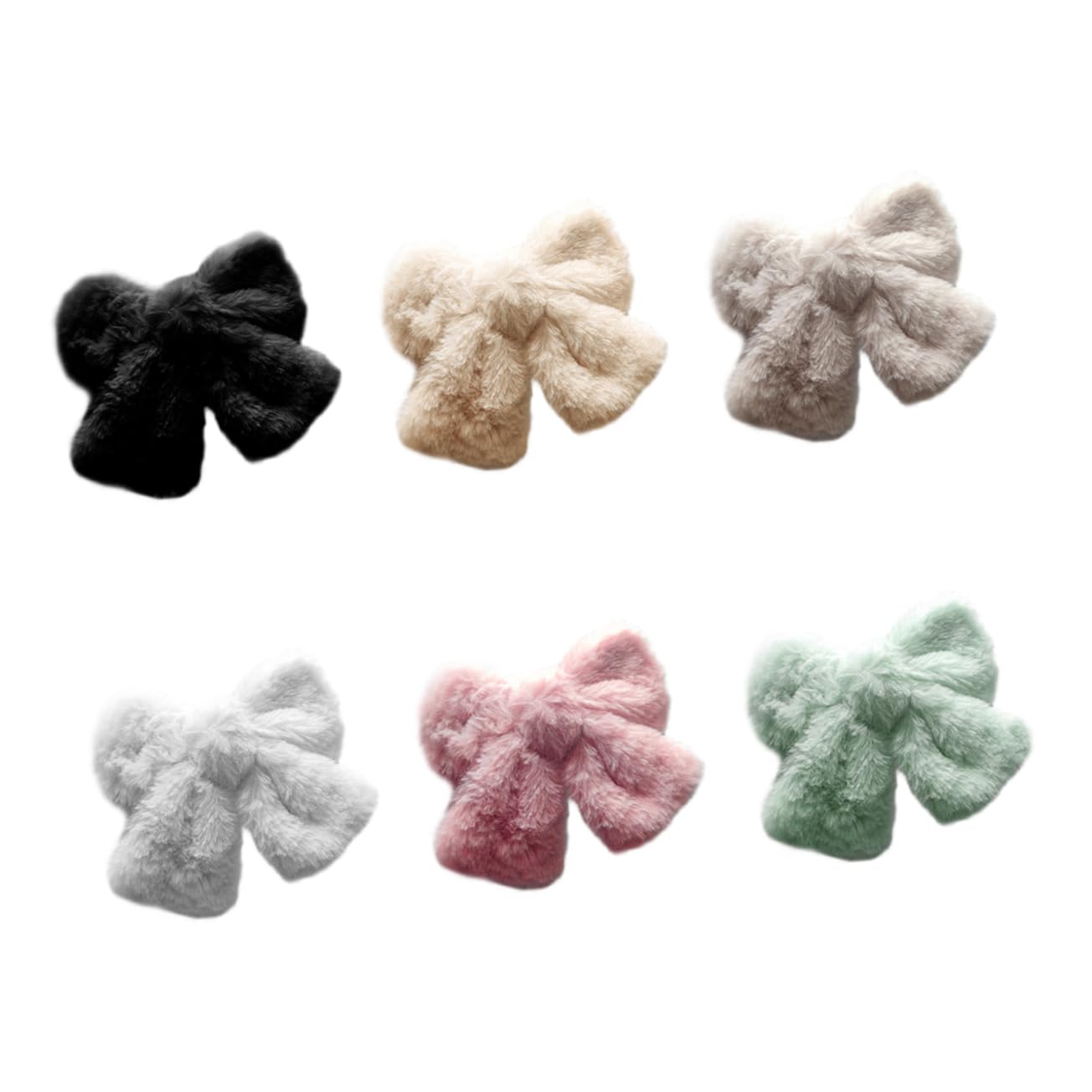 Hair Clip - Hairpin - Hair Bow - Large Bow - Hair Accessories Girls - Hair Accessories Women - Plush - Fluffy - Winter Accessories - Gift For Women - Clip - Soft - Black Beige Gray White Pink And Green - 6 Pieces - Image 1