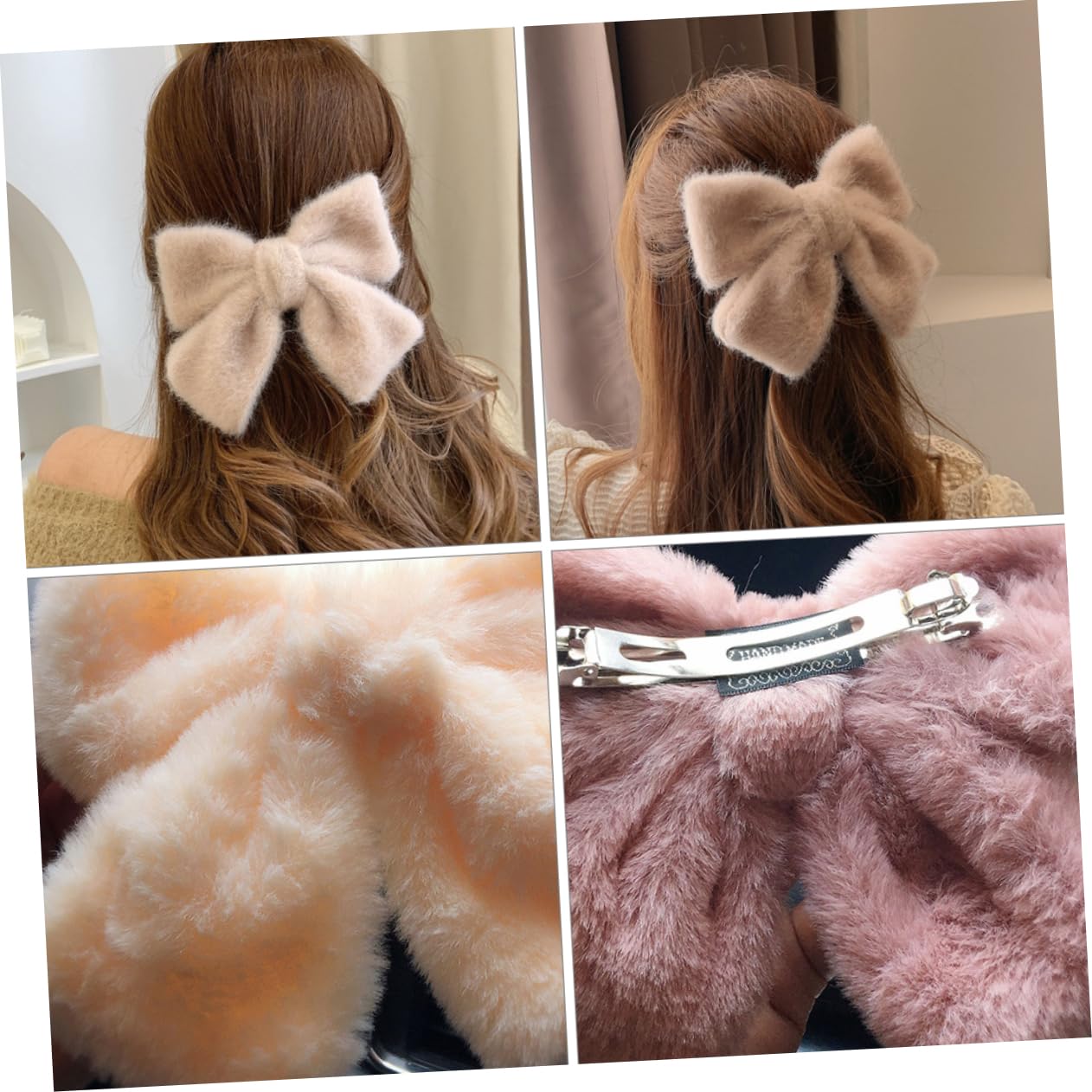 Hair Clip - Hairpin - Hair Bow - Large Bow - Hair Accessories Girls - Hair Accessories Women - Plush - Fluffy - Winter Accessories - Gift For Women - Clip - Soft - Black Beige Gray White Pink And Green - 6 Pieces - Image 5