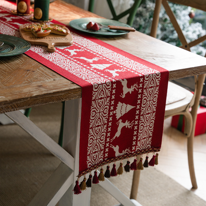 Christmas Table Runner - Christmas Tablecloth - Christmas Table Decoration - Christmas Decoration - Table Decoration - Reindeer - Christmas Tree - Snowflake - Holidays - Luxury Dinner - Winter - 35 x 180 cm - Red White - 1 Piece - Image 1