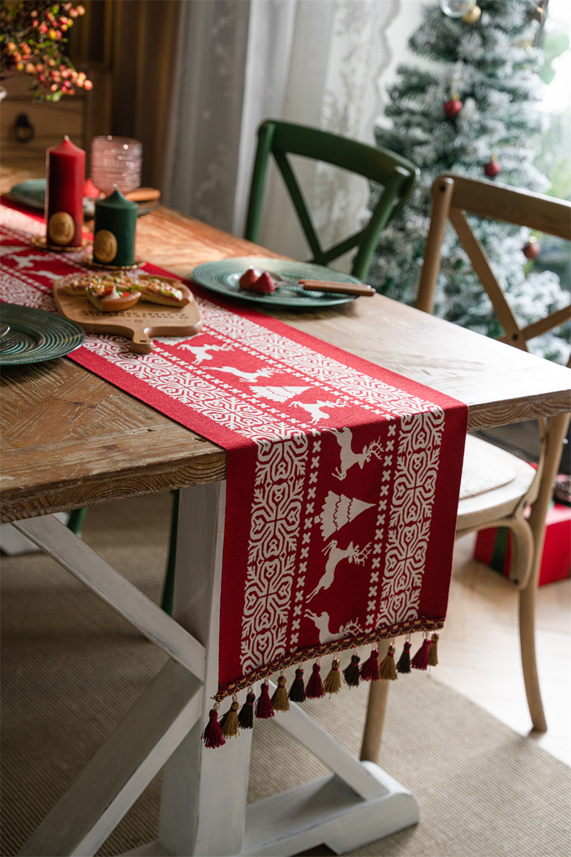 Christmas Table Runner - Christmas Tablecloth - Christmas Table Decoration - Christmas Decoration - Table Decoration - Reindeer - Christmas Tree - Snowflake - Holidays - Luxury Dinner - Winter - 35 x 180 cm - Red White - 1 Piece - Image 3
