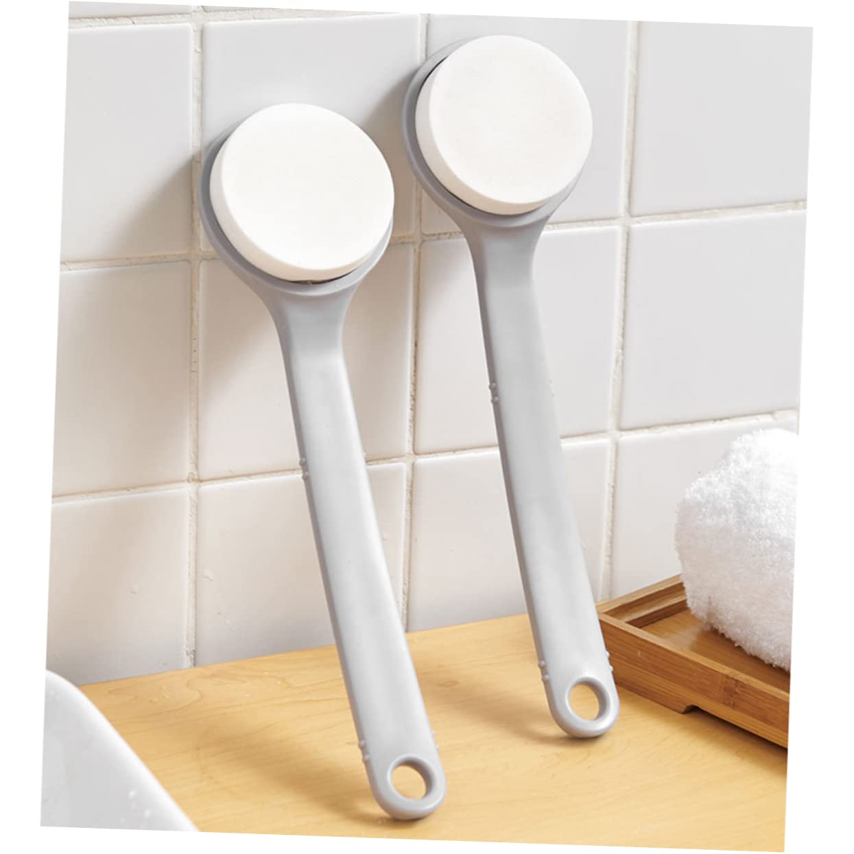 Back Brush with Long Handle - Bath Brush - Shower Brush - Back Scrubber - Bath Sponge on Handle - Back Scrubber - Bathroom Accessories - Shower Sponge - Sponge with Handle - Back Sponge - Bathroom Supplies - Scrubbing - Hangable - Gray - 2 Pieces - Image 1