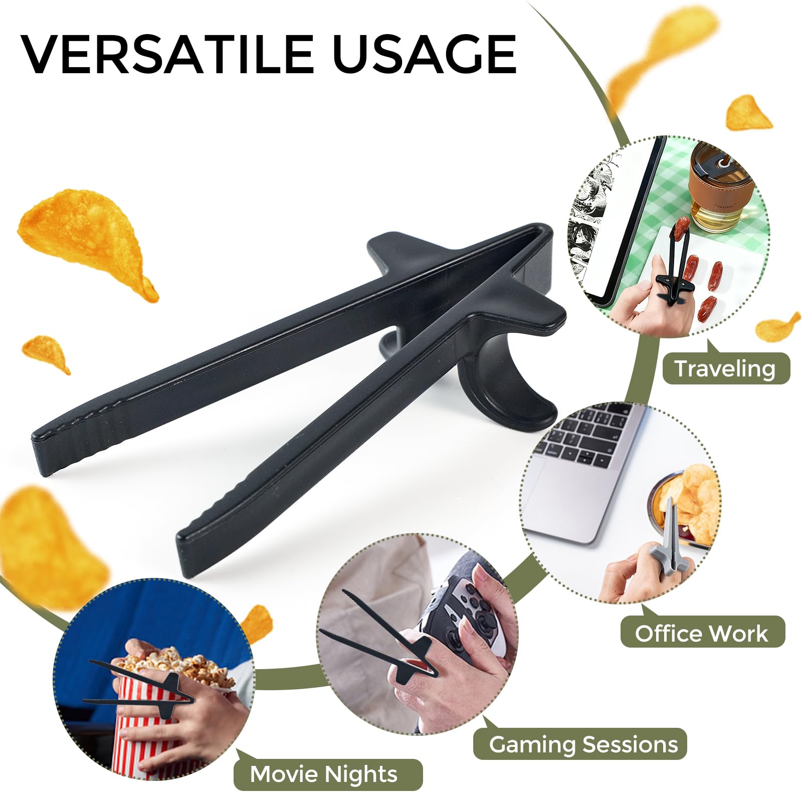 Finger Chopsticks - Gaming Accessories - Snack Sticks - Chip Tongs - Gadgets Men - Gift for Gamer - Computer Accessories - No More Greasy Fingers - Funny Gifts - Snack Tweezers - Reusable - Black White Gray and Pink - 4 Pieces - Image 3