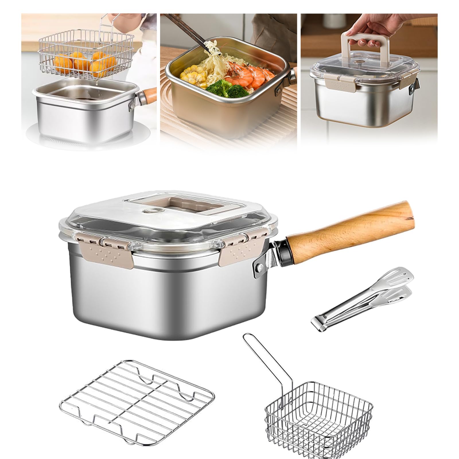 Induction Saucepan - Mini Deep Fryer - Milk Pan - Square Cooking Pot - Stainless Steel - With Frying Basket - Steaming Rack - Tongs - Glass Lid - Wooden Handle - Ramen Pan - Soup Pot - Camping Pan - 4 in 1 - Kitchen Utensils - Compact - Silver - White - 1 - Image 1