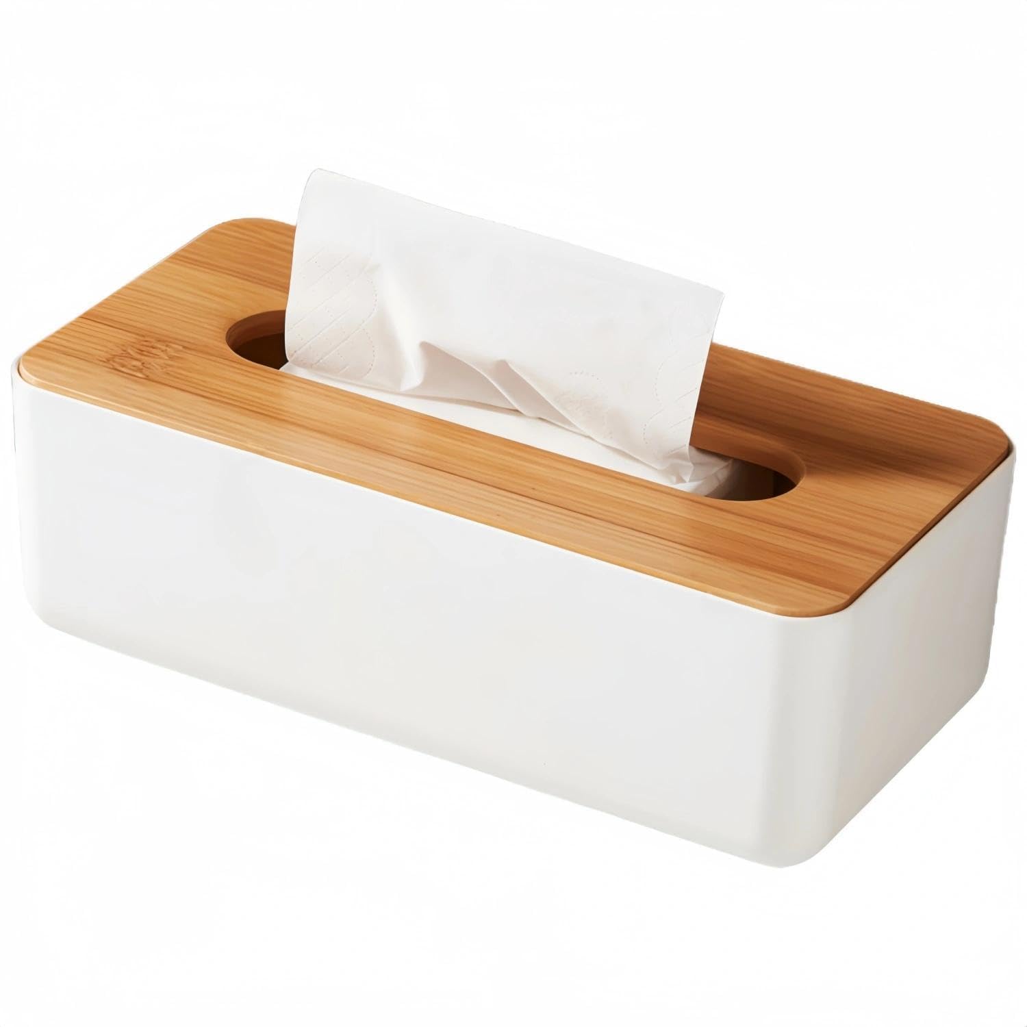 Tissue Box - Tissue Box - Tissue Holder - Tissue Box - Bamboo Lid - White - Tissue Holder - Bathroom Accessories - Toilet Organizer - Living Room Decoration - Rectangular - 1 piece - Image 1