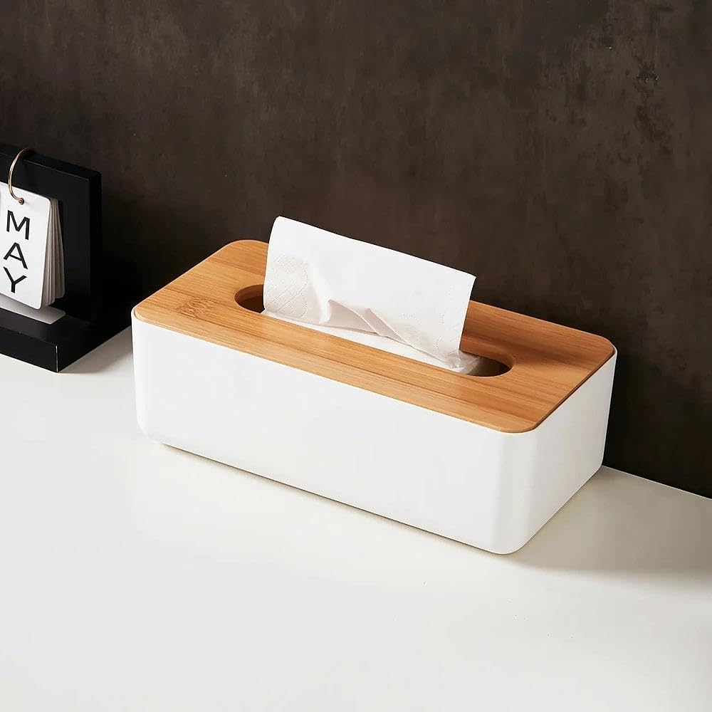 Tissue Box - Tissue Box - Tissue Holder - Tissue Box - Bamboo Lid - White - Tissue Holder - Bathroom Accessories - Toilet Organizer - Living Room Decoration - Rectangular - 1 piece - Image 4