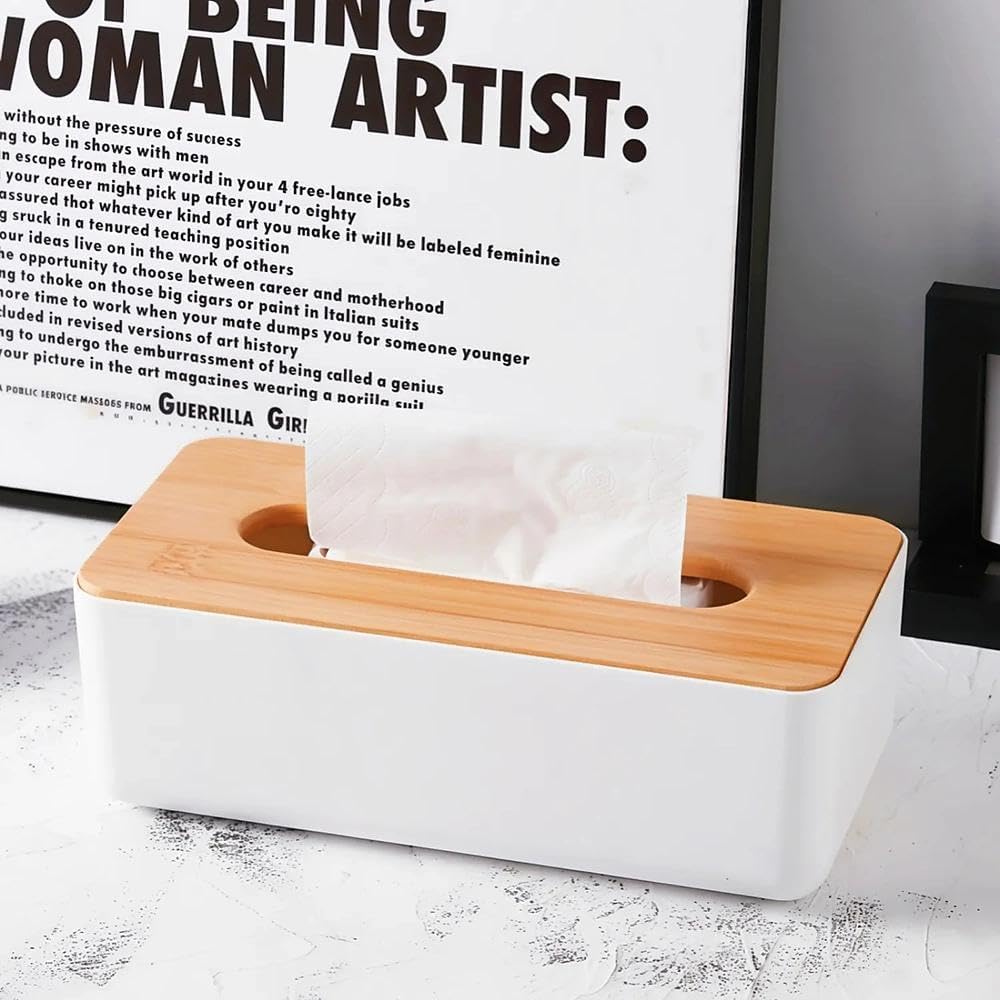 Tissue Box - Tissue Box - Tissue Holder - Tissue Box - Bamboo Lid - White - Tissue Holder - Bathroom Accessories - Toilet Organizer - Living Room Decoration - Rectangular - 1 piece - Image 5