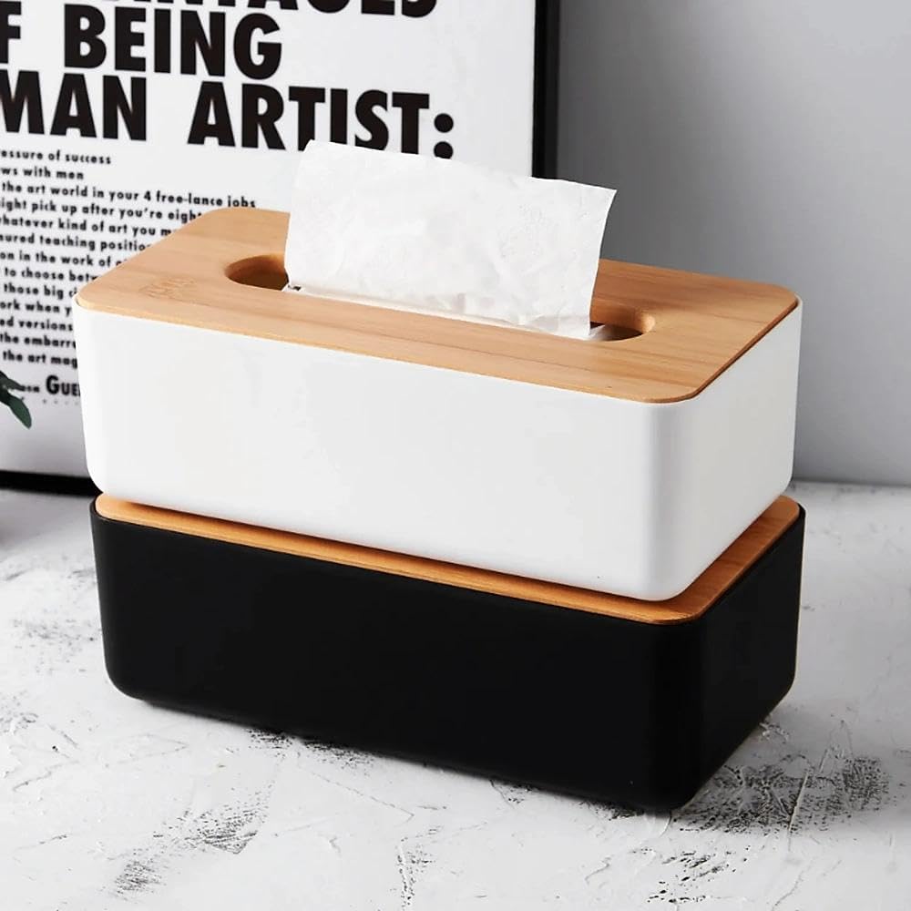 Tissue Box - Tissue Box - Tissue Holder - Tissue Box - Bamboo Lid - White - Tissue Holder - Bathroom Accessories - Toilet Organizer - Living Room Decoration - Rectangular - 1 piece - Image 6