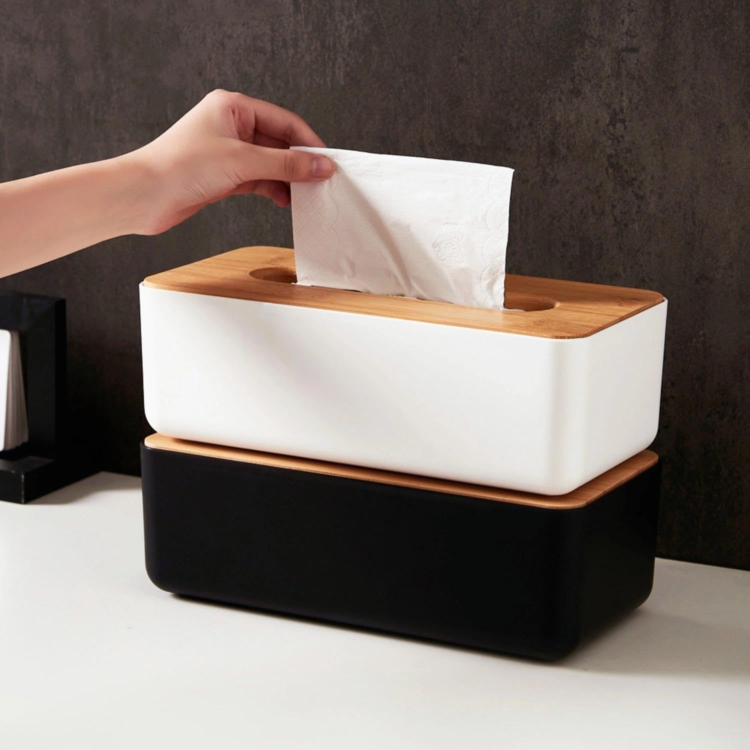 Tissue Box - Tissue Box - Tissue Holder - Tissue Box - Bamboo Lid - White - Tissue Holder - Bathroom Accessories - Toilet Organizer - Living Room Decoration - Rectangular - 1 piece - Image 8