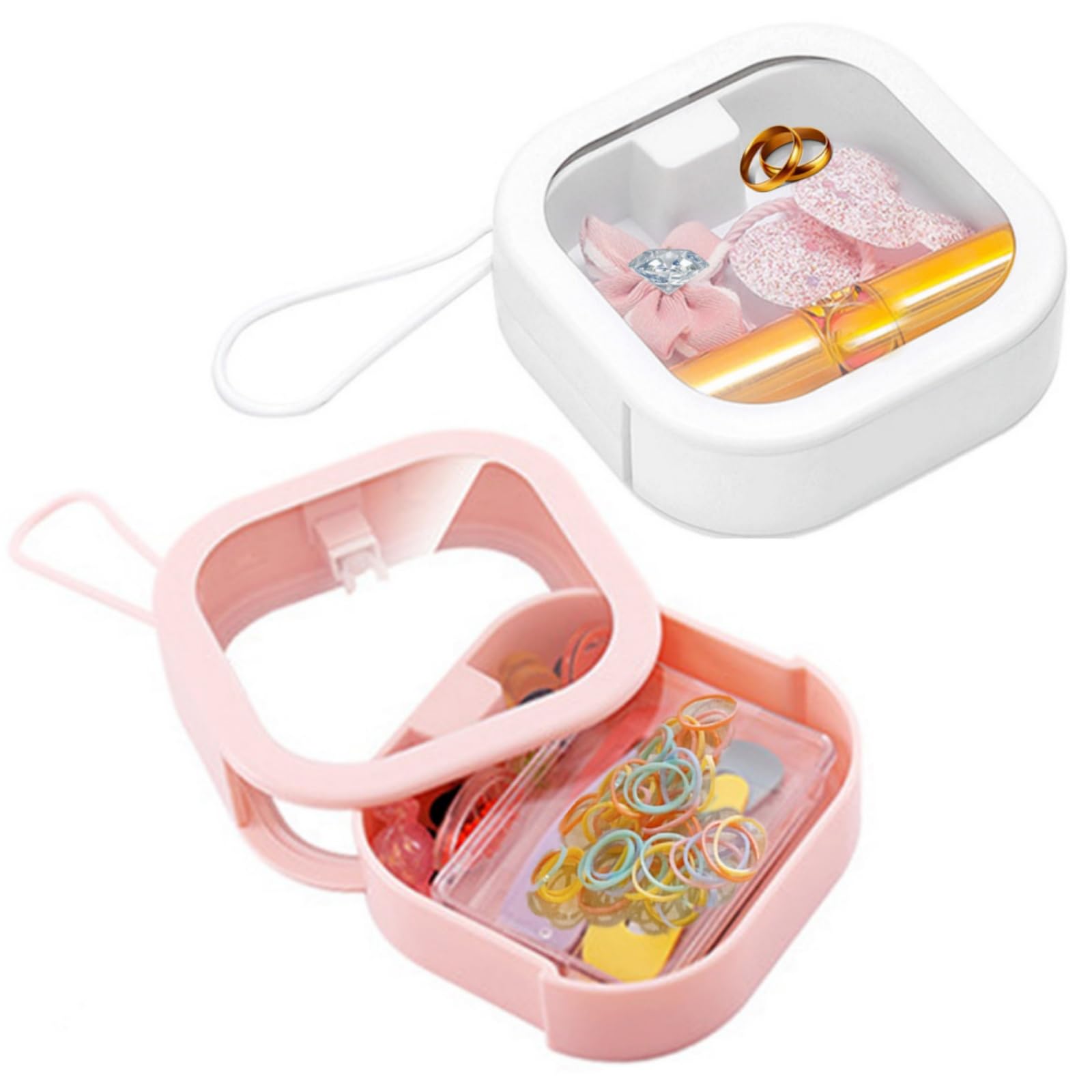 Jewelry box - Storage box - Cotton swab holder - Travel organizer - Makeup organizer - Hair accessories - Jewelry organizer - Bathroom accessories - Cable organizer - Storage tray - White - Pink - 2 pieces - Image 1