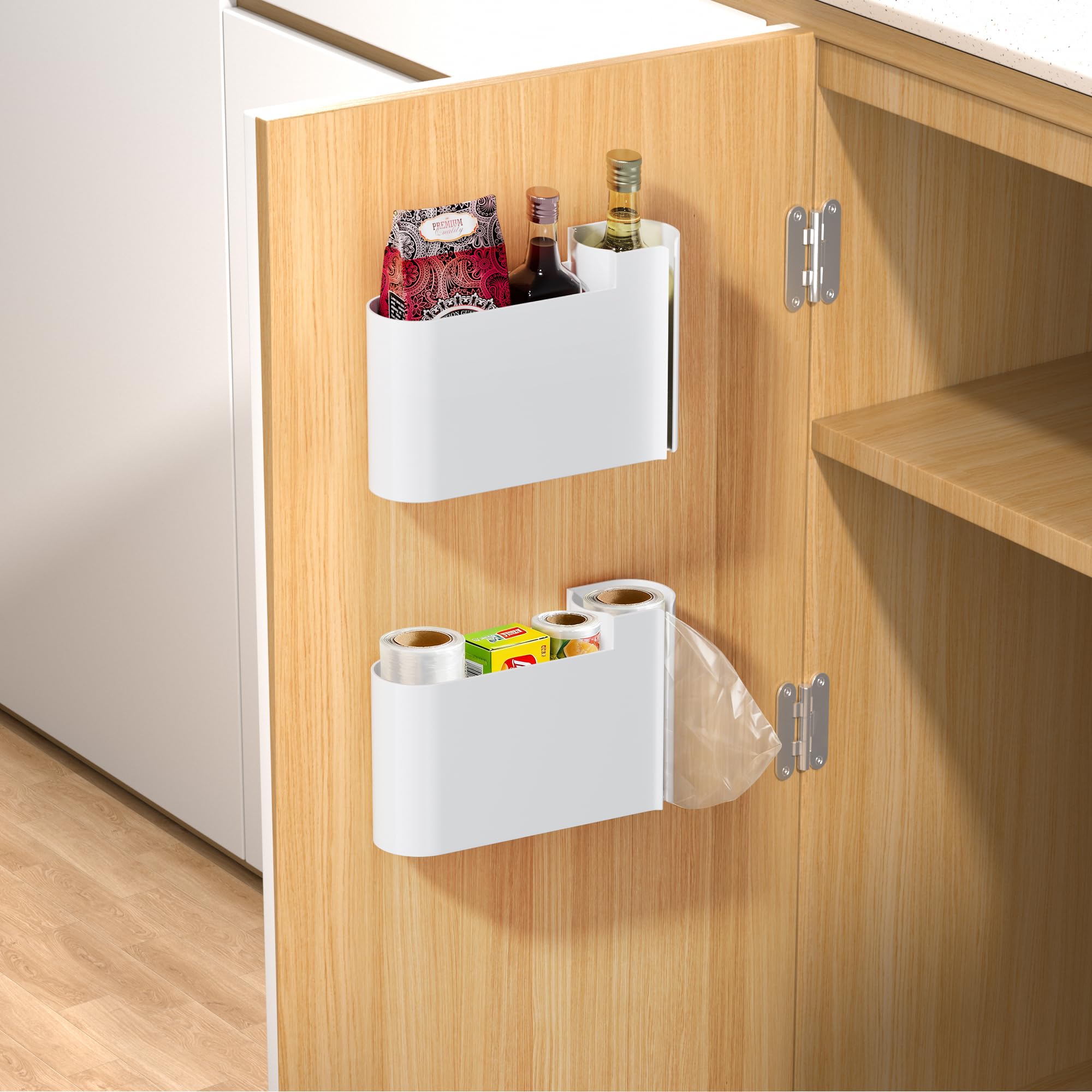 Kitchen Cabinet Organizer - Spice Rack - Door Rack - Kitchen Accessories - Storage Rack - Sink Cabinet Organizer - Garbage Bag Holder - No Drilling - Cabinet Interior - Kitchen Aid - Space Saving - Bathroom Organizer - Adhesive - White - Pack of 2 - Image 1