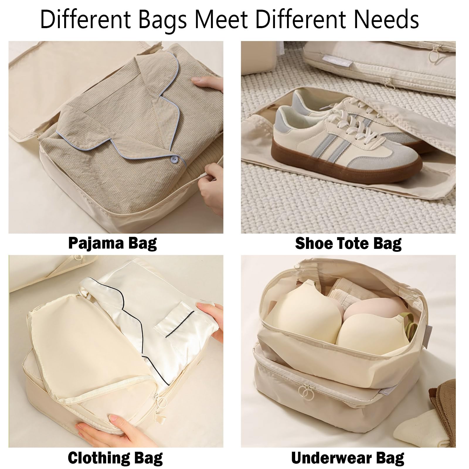 Packing Cubes - Suitcase Organizers - Travel Organizer Set - Luggage Organizer - Clothes Storage - Space Saving - Holiday Accessories - Shoe Bag - Laundry Bag - Backpacking - Travel Bag - Water-Repellent - Beige - 6 Pieces - Image 5