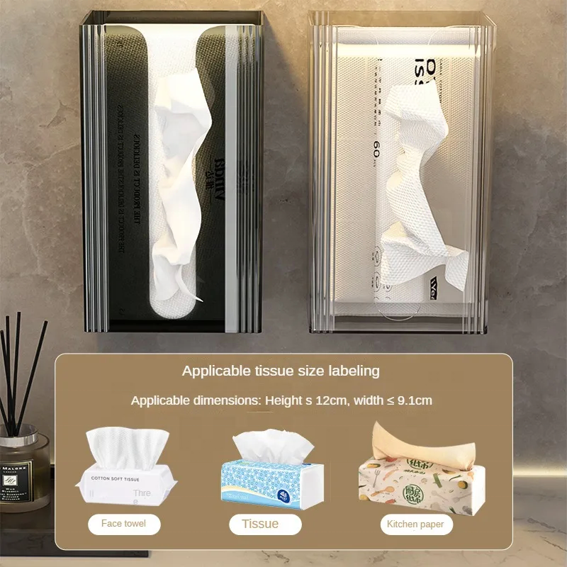 Tissue Box - Tissue Box - Tissue Holder - Tissue Box - Wall Mounted - No Drilling - Self-Adhesive - Bathroom Accessories - Toilet Organizer - Kitchen Storage - Dispenser - Acrylic - Transparent - Universal - Refillable - Black - 1 piece - Image 5
