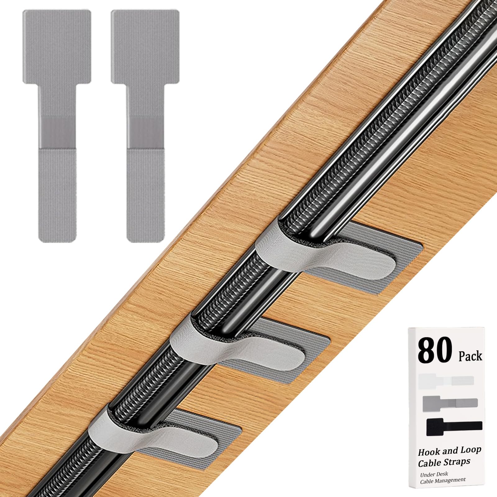 Cable Clips - Cable Management - Cable Organizer - Cable Holder - Self-Adhesive - Velcro - Cable Ties - Cord Clips - Desk Accessories - Cable Management - Cord Holder - Office - Gaming Setup - Cable Tie - Organize - Gray - 80 Pieces - Image 1