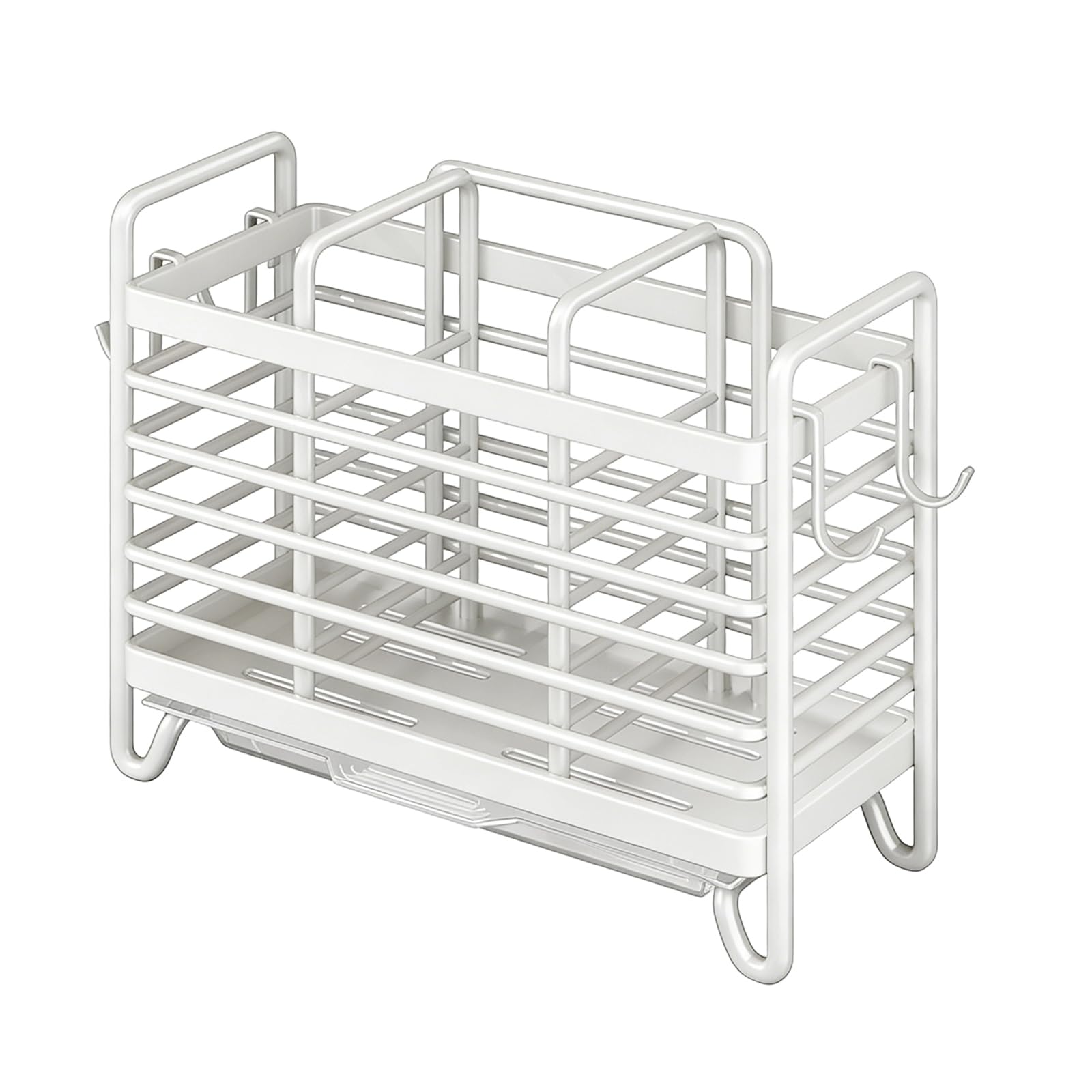 Cutlery Holder - Kitchen Organizer - Cutlery Tray - Countertop Organizer - Utensil Holder - Cutlery Rack - Cutlery Drainer - Spoon Holder - Drying Rack - Kitchen Accessories - With Drip Tray and Hooks - Metal - White - 1 Piece - Image 1